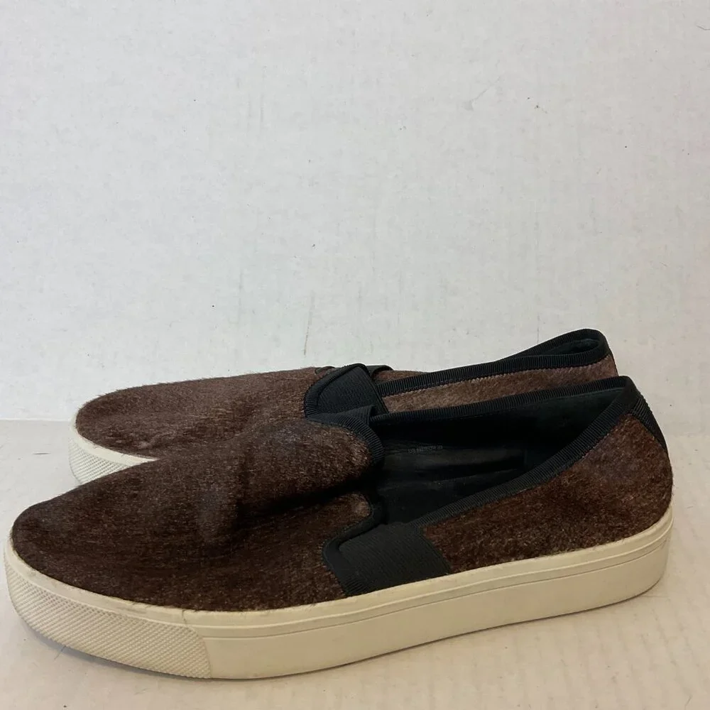 Vince Calf Hair Slip On Sneaker US 8m Brown White Black Trim